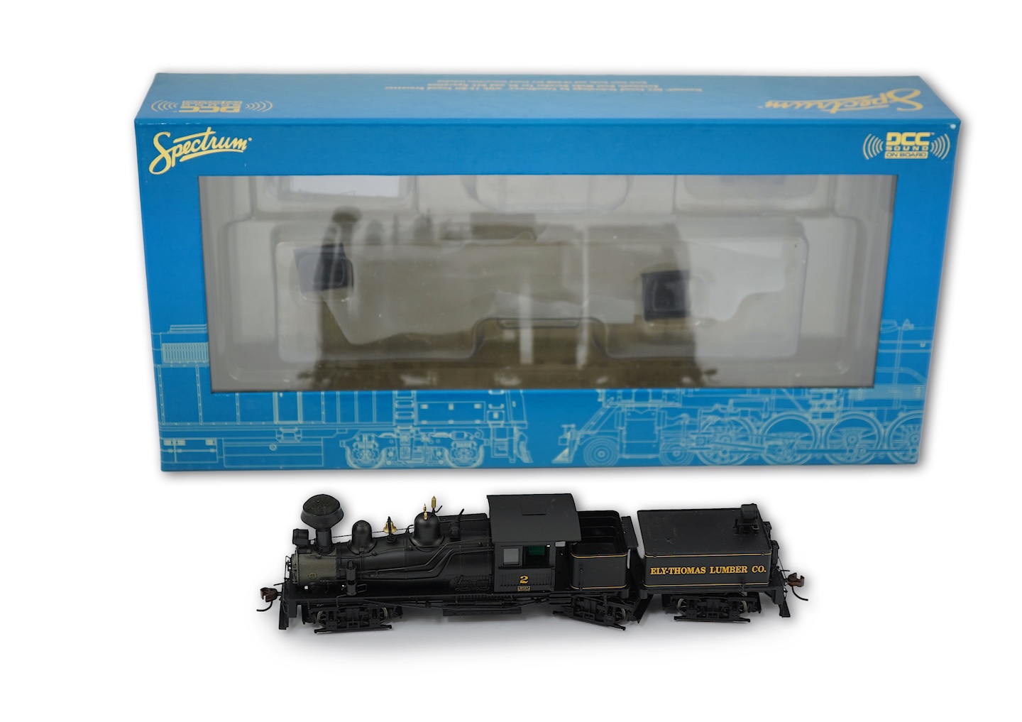 A boxed HO gauge Spectrum by Bachmann (84703) model of Ely-Thomas Lumber Co., 80-ton Three-Truck Shay, 2, tender locomotive, powered for two rail operation.